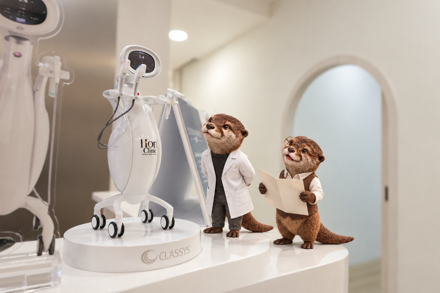 DR.ORI และมาสคอตนักเศรษฐศาสตร์ยืนดูอุปกรณ์ในคลินิก